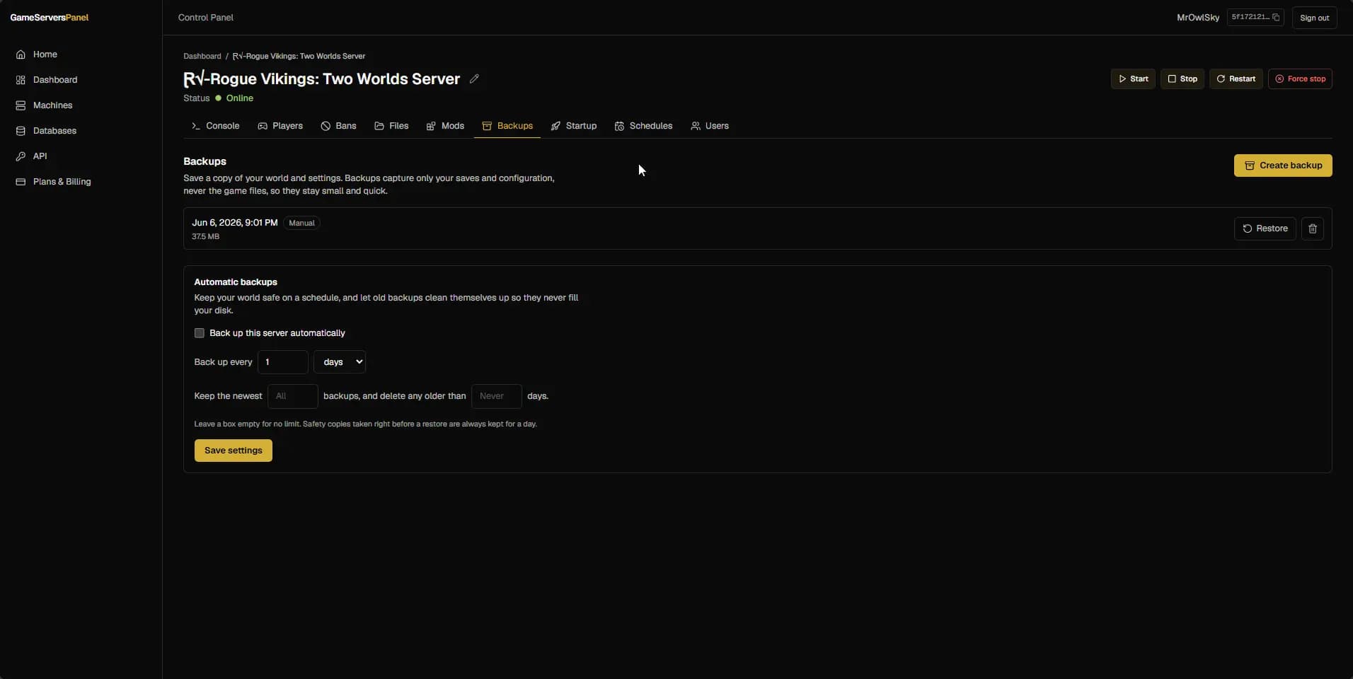 Automatic backup schedule protecting game worlds and player data