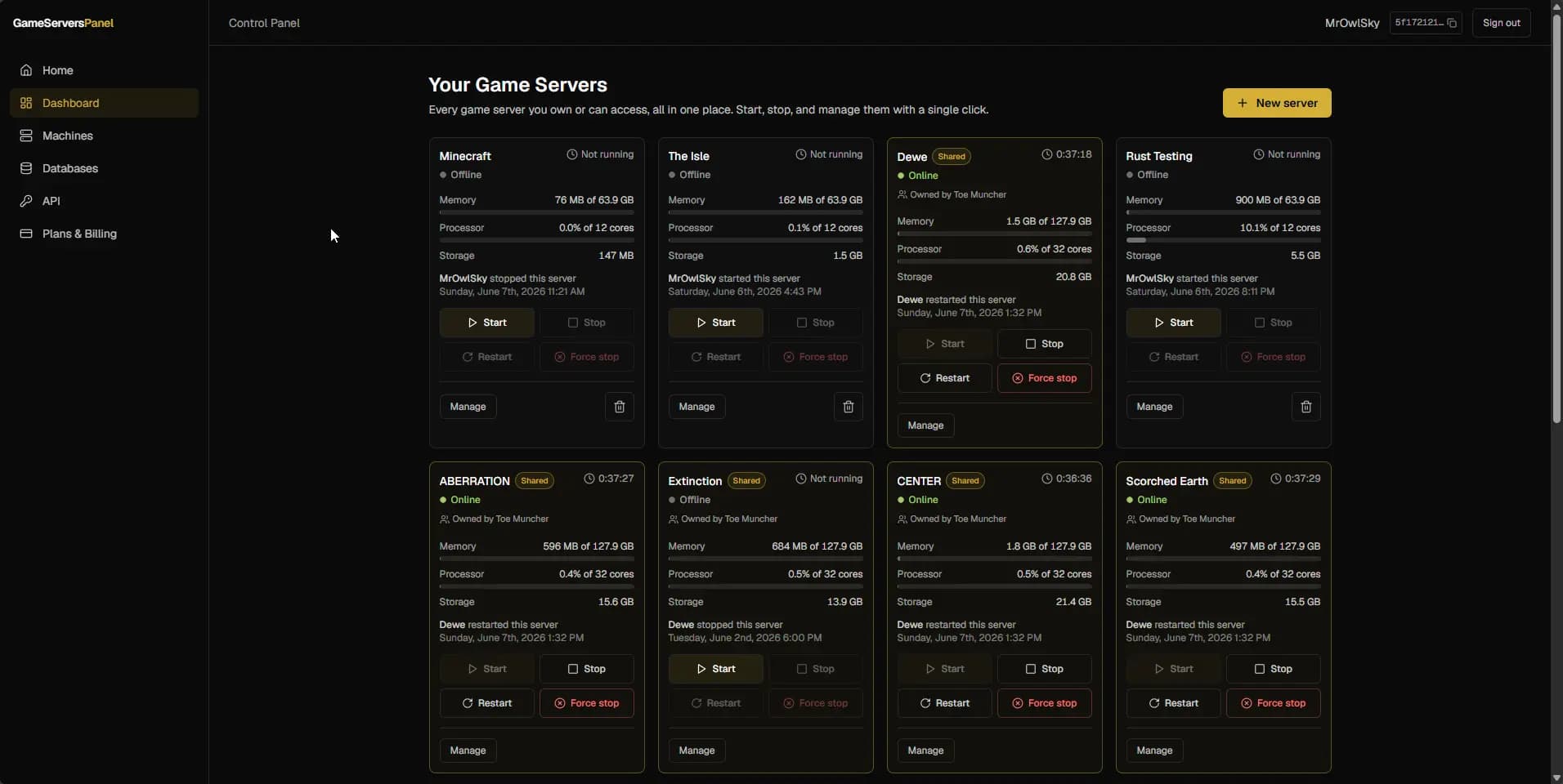 GameServersPanel dashboard listing every game server with live status and resource use