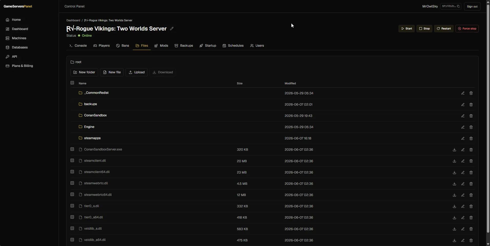 Built-in file manager browsing and editing game server configuration files