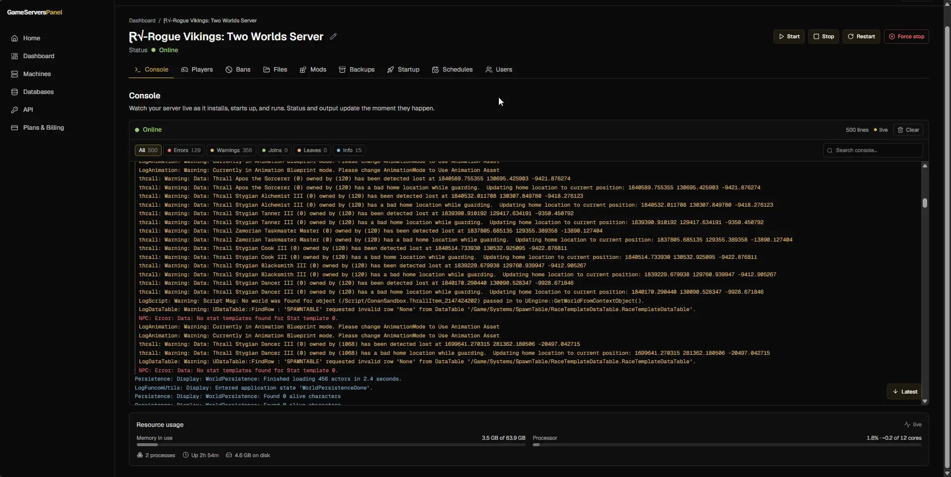Live console streaming real-time output from a running game server